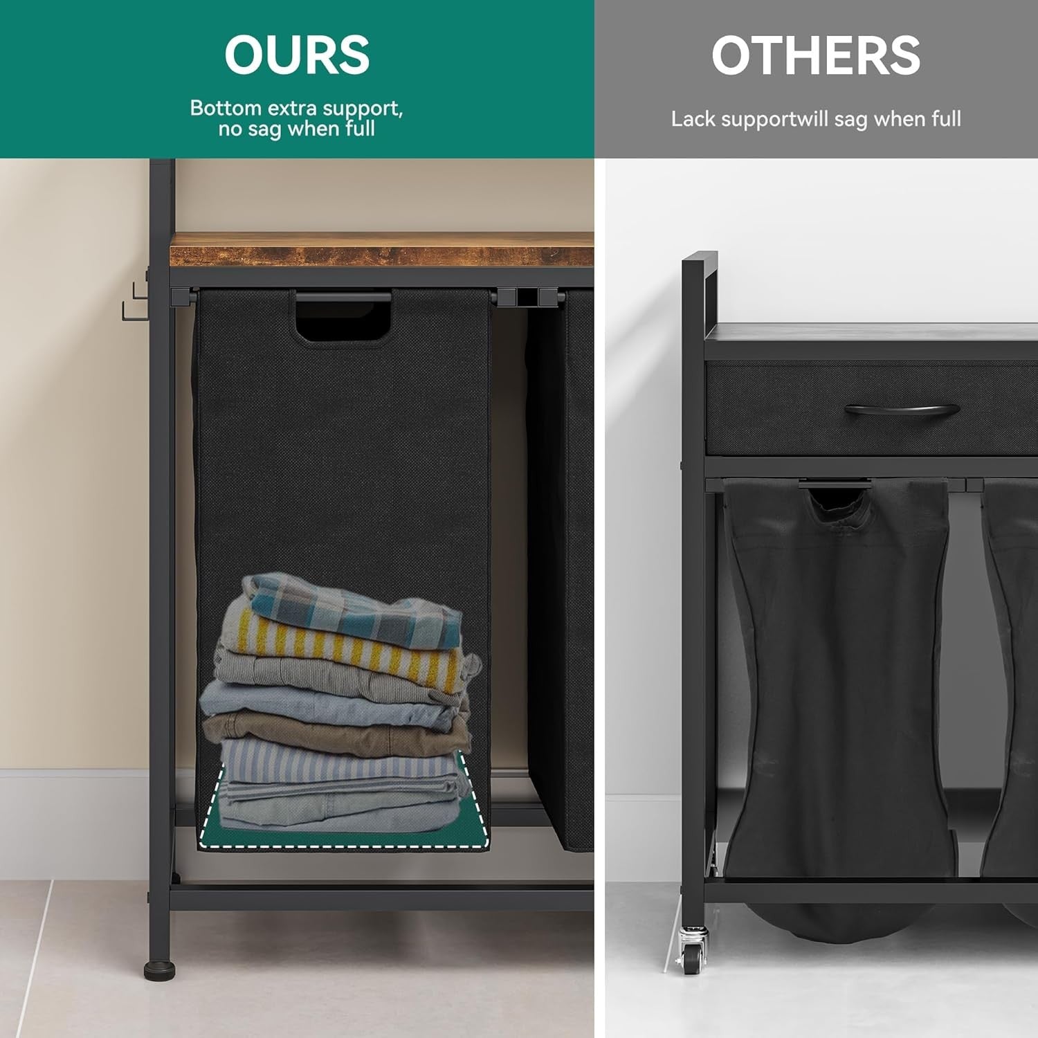Tall Laundry Sorter with Shelves & Hooks | 2 Pull-Out Bags | 155cm Freestanding