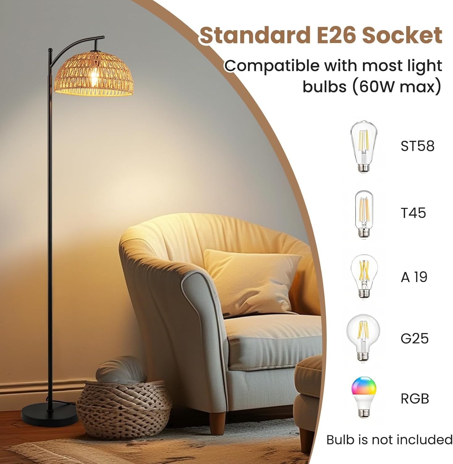 Arc Floor Lamp Natural Rattan Shade Black Stand Corner Reading Light 160cm