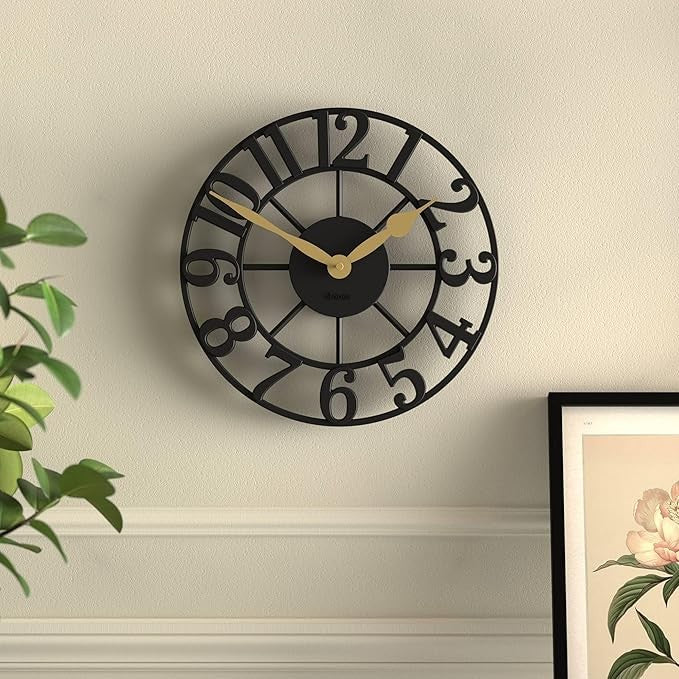 30cm Black Skeleton Wall Clock Silent Modern Raised Numerals Luxury Home Decor