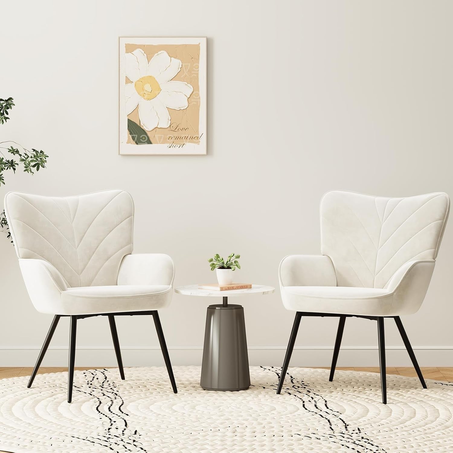 Cream White Velvet Accent Chair Wide Seat Black Metal Legs