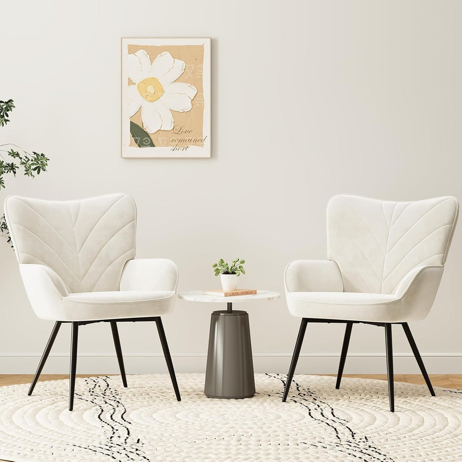 Cream White Velvet Accent Chair Wide Seat Black Metal Legs