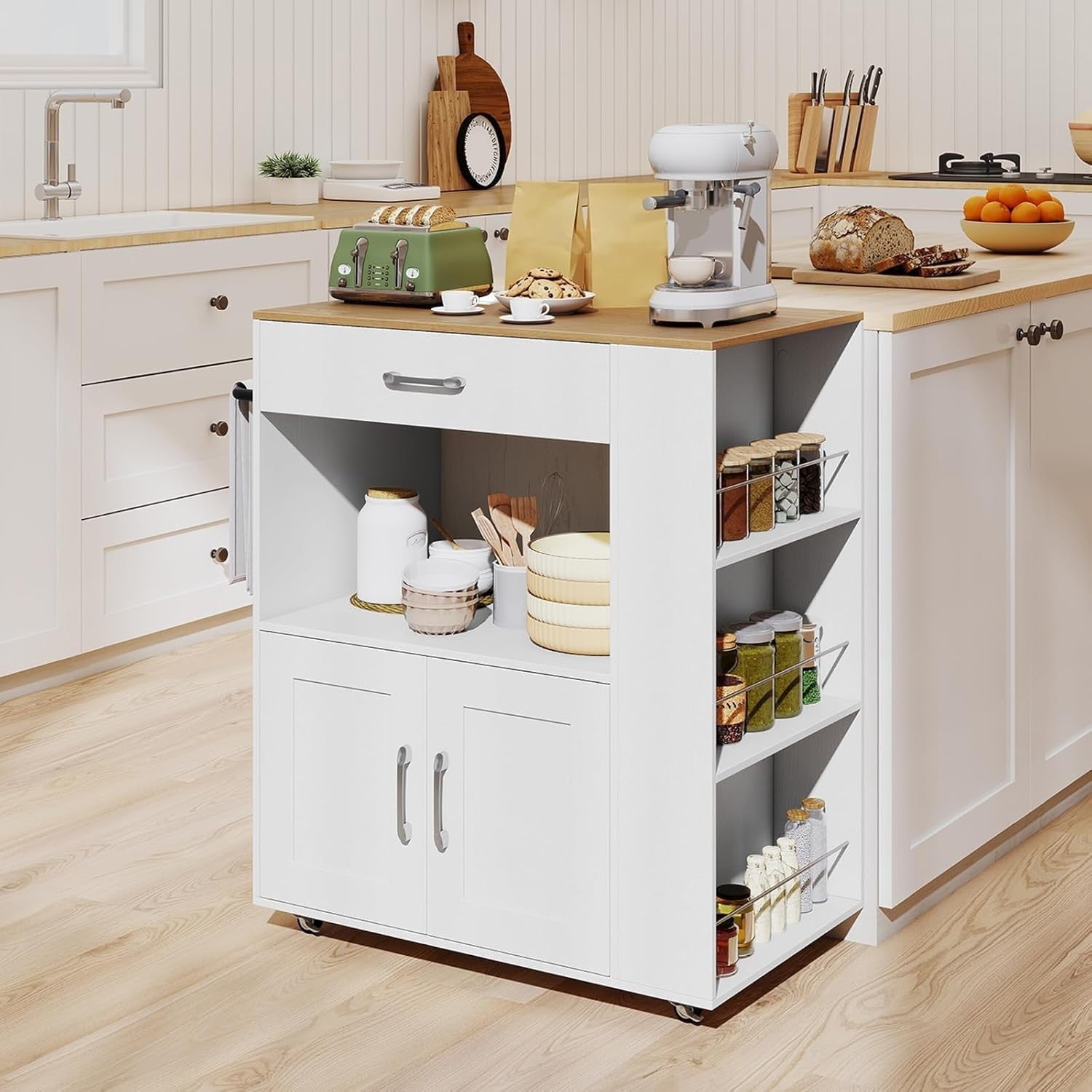 White Rolling Kitchen Island Cart with Power Outlets