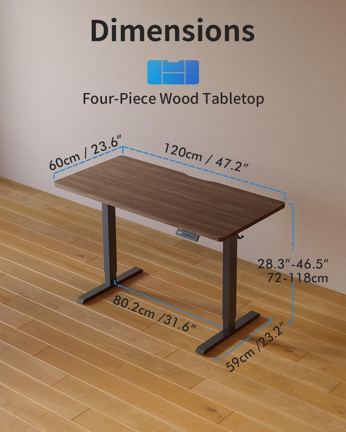 Dark Walnut Electric Standing Desk 120x60cm with Memory Control Panel
