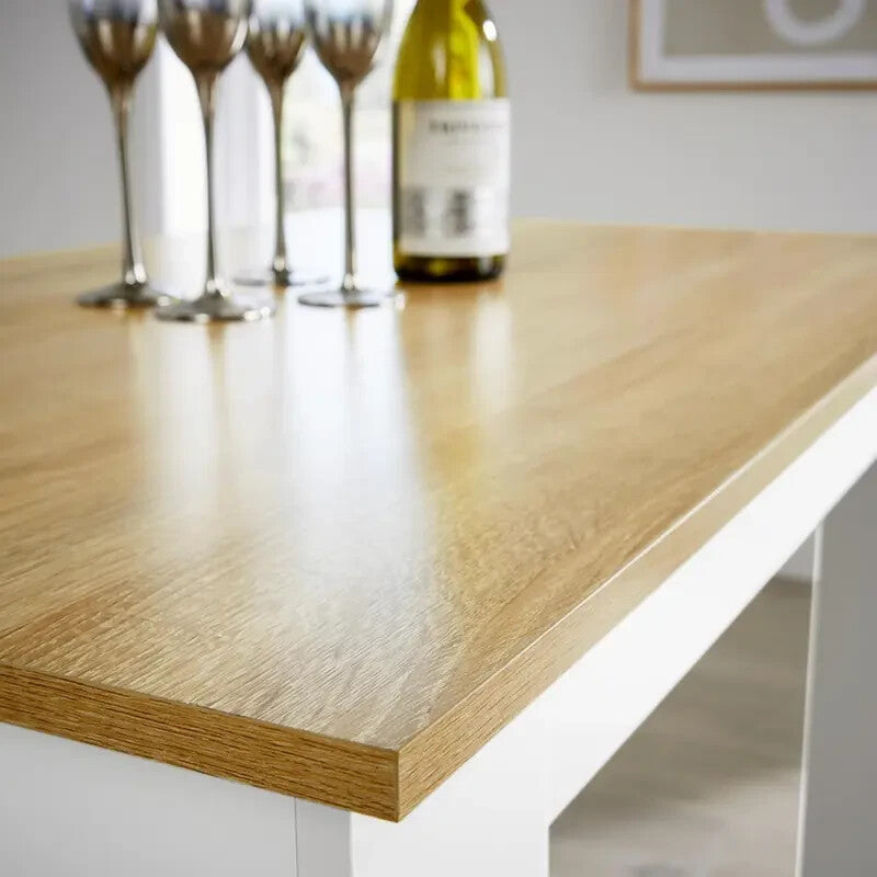 3 Piece Dining Table Set White Frame & Oak Top with 2 Wooden Benches Space