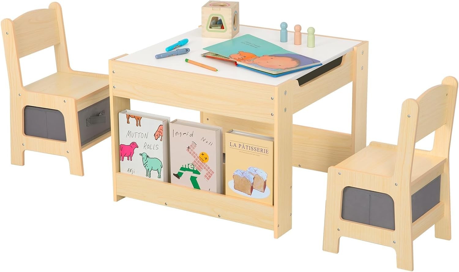 4 in 1 Kids Table and Chairs with Whiteboard Blackboard Storage & Book Rack