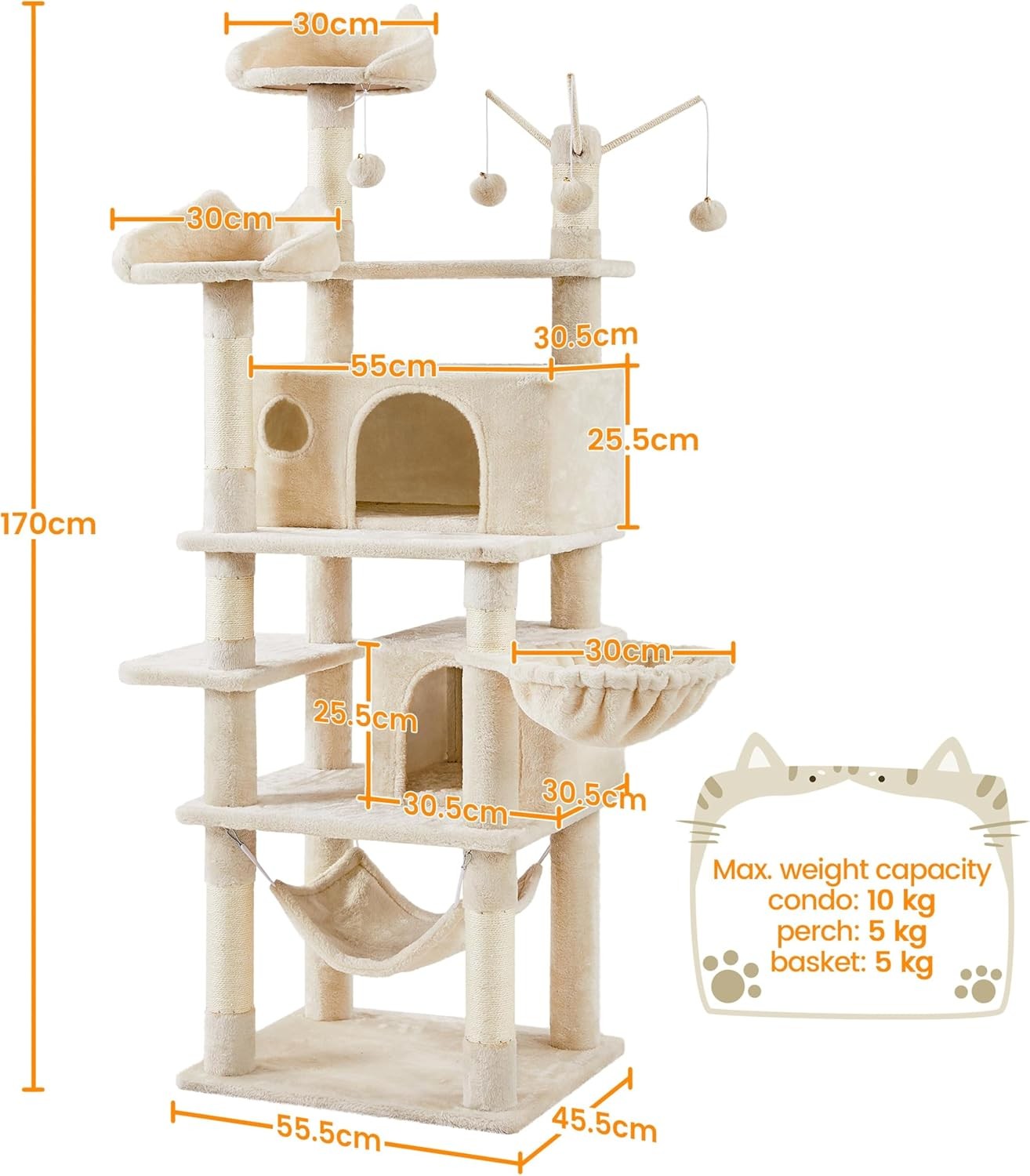 170cm Cat Tree Tower Multi Level Condo Hammock Scratching Posts Indoor