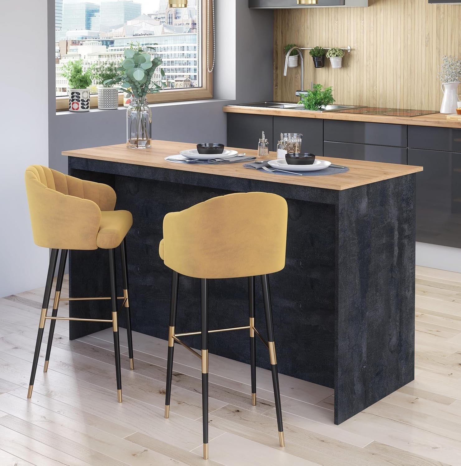 Modern Kitchen Island with Breakfast Bar & Shelves, 130 cm Black Concrete & Oak