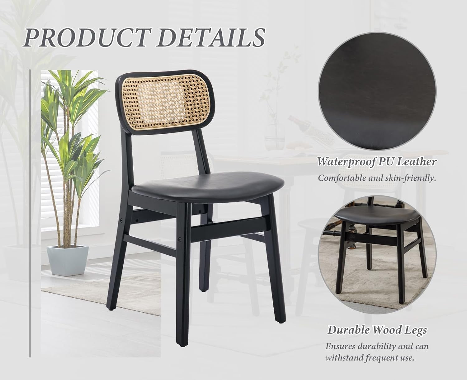 Black Rattan Dining Chairs Set of 2 PU Leather Padded Retro Kitchen Seats