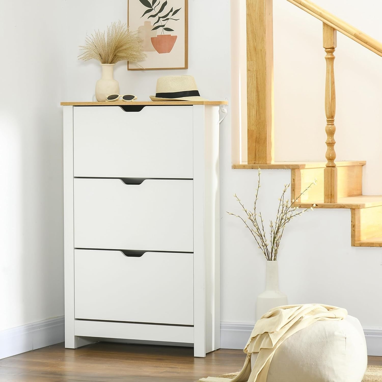White Slim Shoe Cabinet 3 Flip Drawers Narrow Storage Unit for 18 Pairs