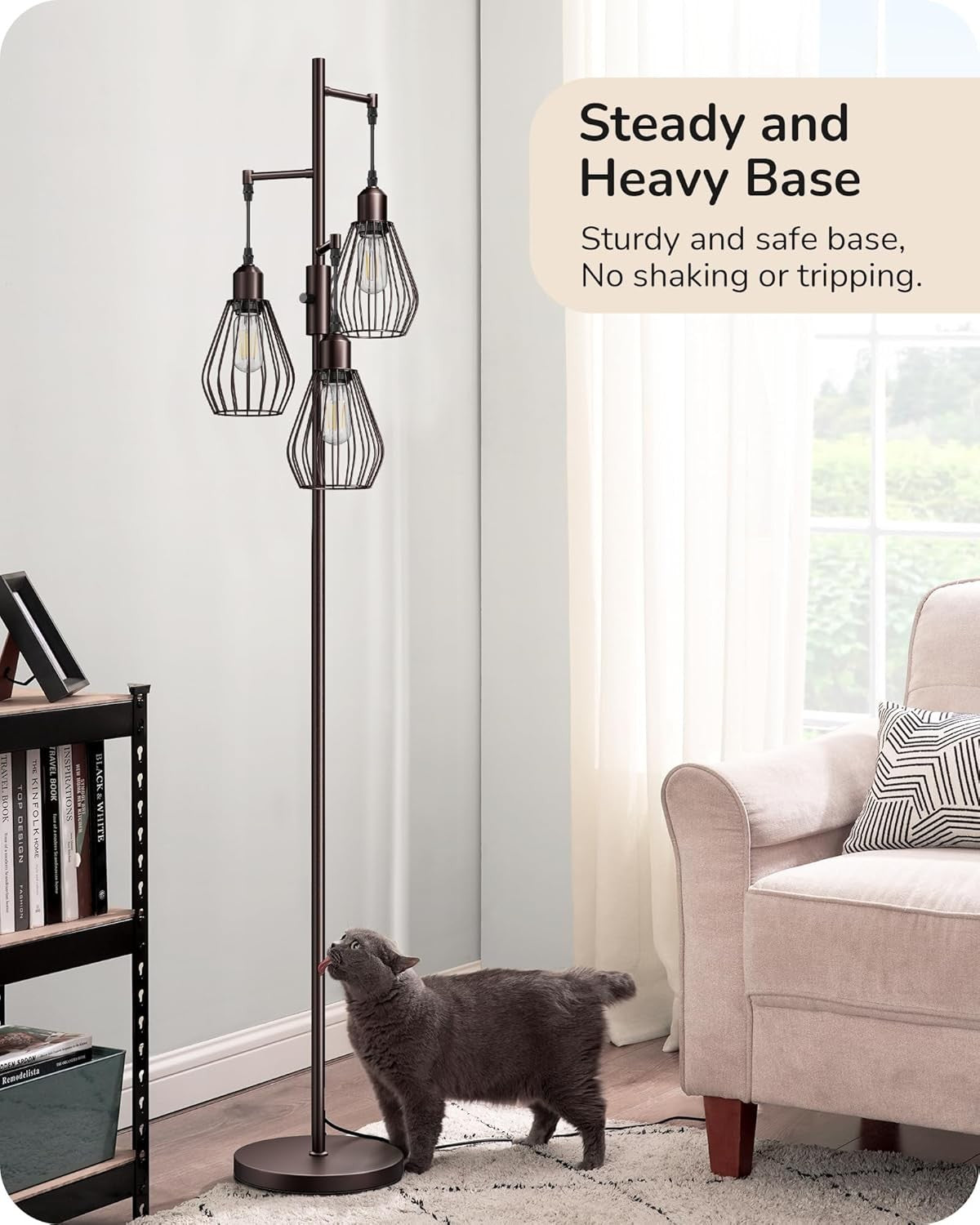 Industrial Floor Lamp Dimmable 3 Light Wire Cage Tall Standing Lamp