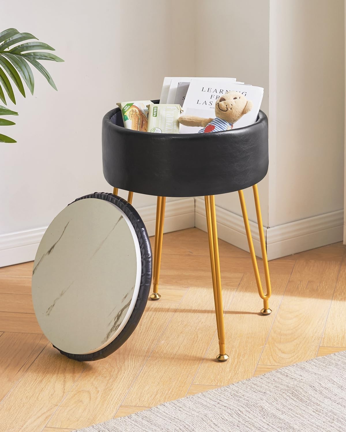 Black Faux Leather Round Stool with Storage – Vanity Seat & Footrest