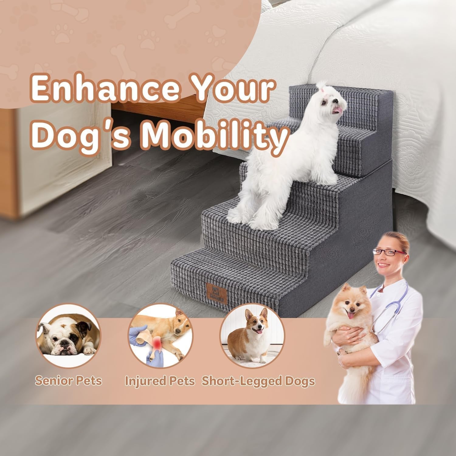 5 Step Dog Stairs 22in High Non Slip Foldable Pet Ramp
