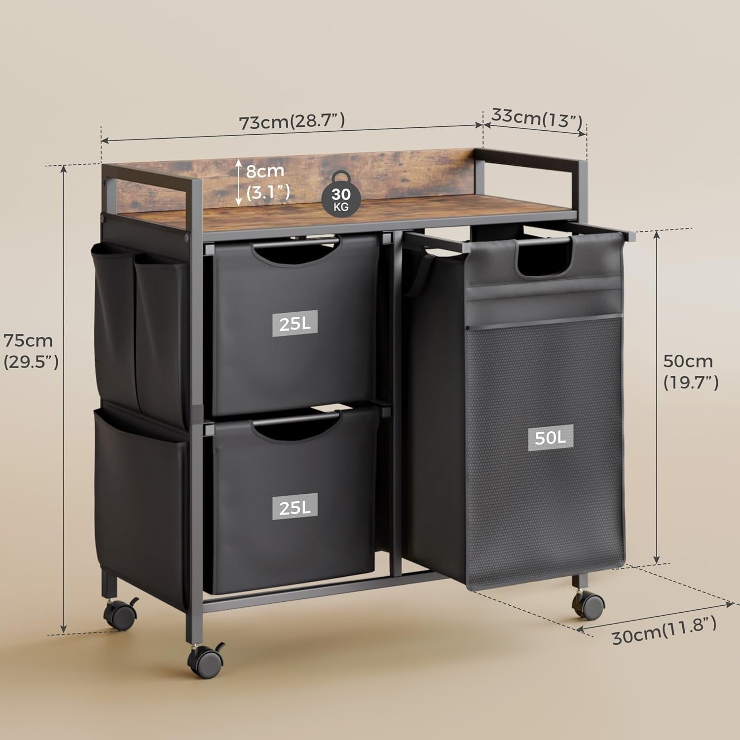 100L 3-Compartment Laundry Hamper with Wheels Rustic Top Removable Bags