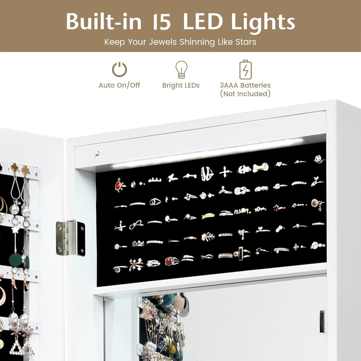 White LED Mirror Jewelry Cabinet Wall or Door Mount Lockable Storage