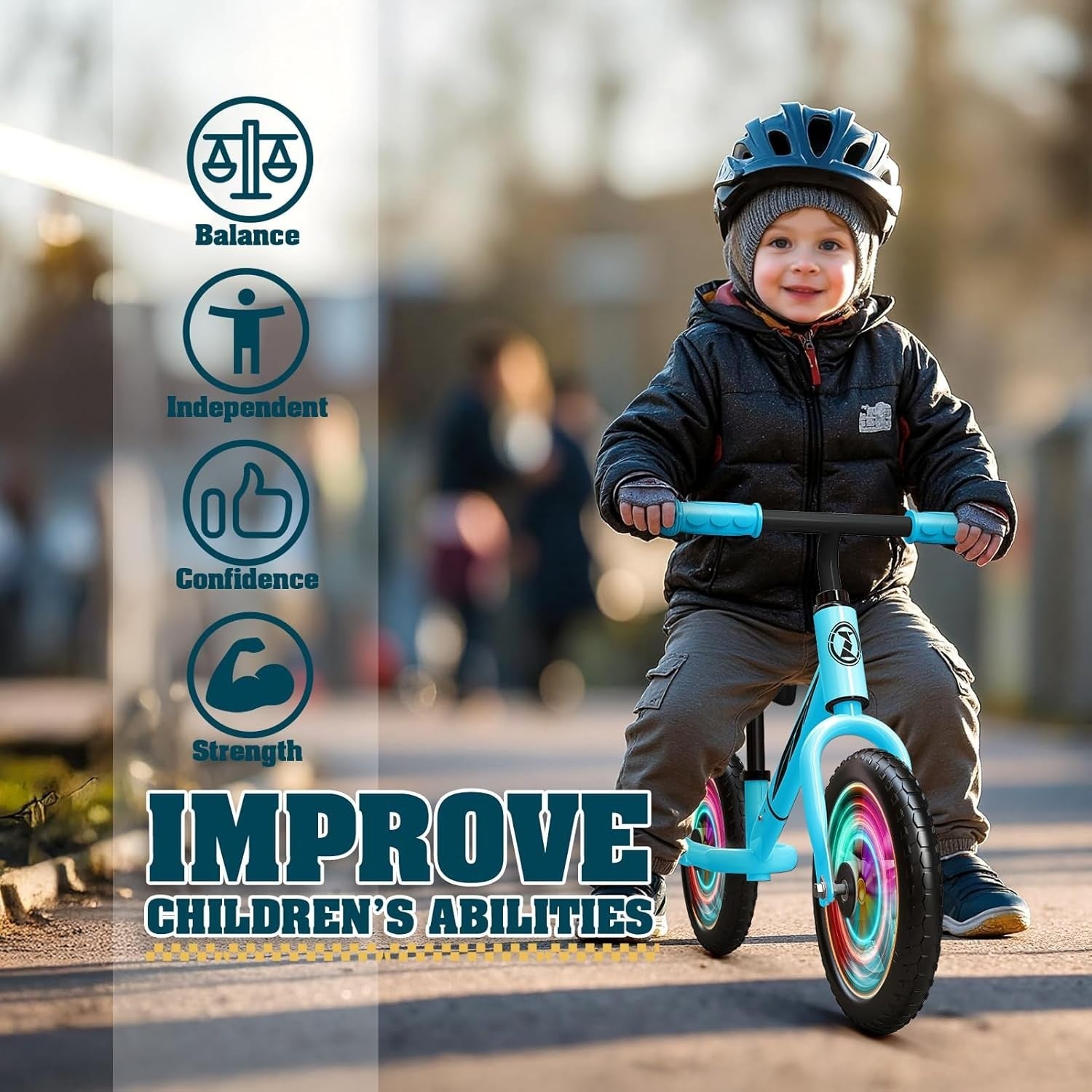 Kids Balance Bike LED Light Up Wheels Adjustable Seat 2-5 Years Blue