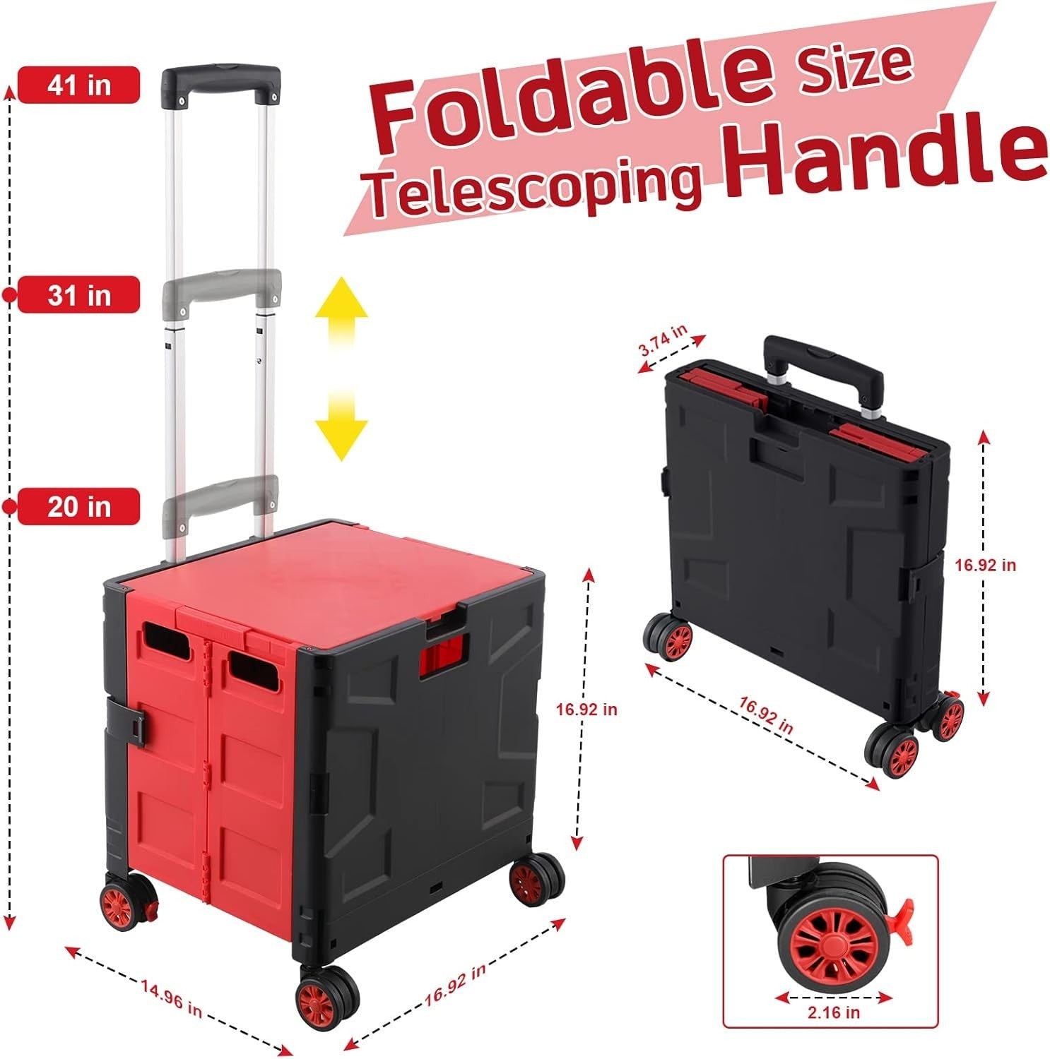Foldable Grocery Shopping Trolley Cart Box 50Kg with Lid Portable Red