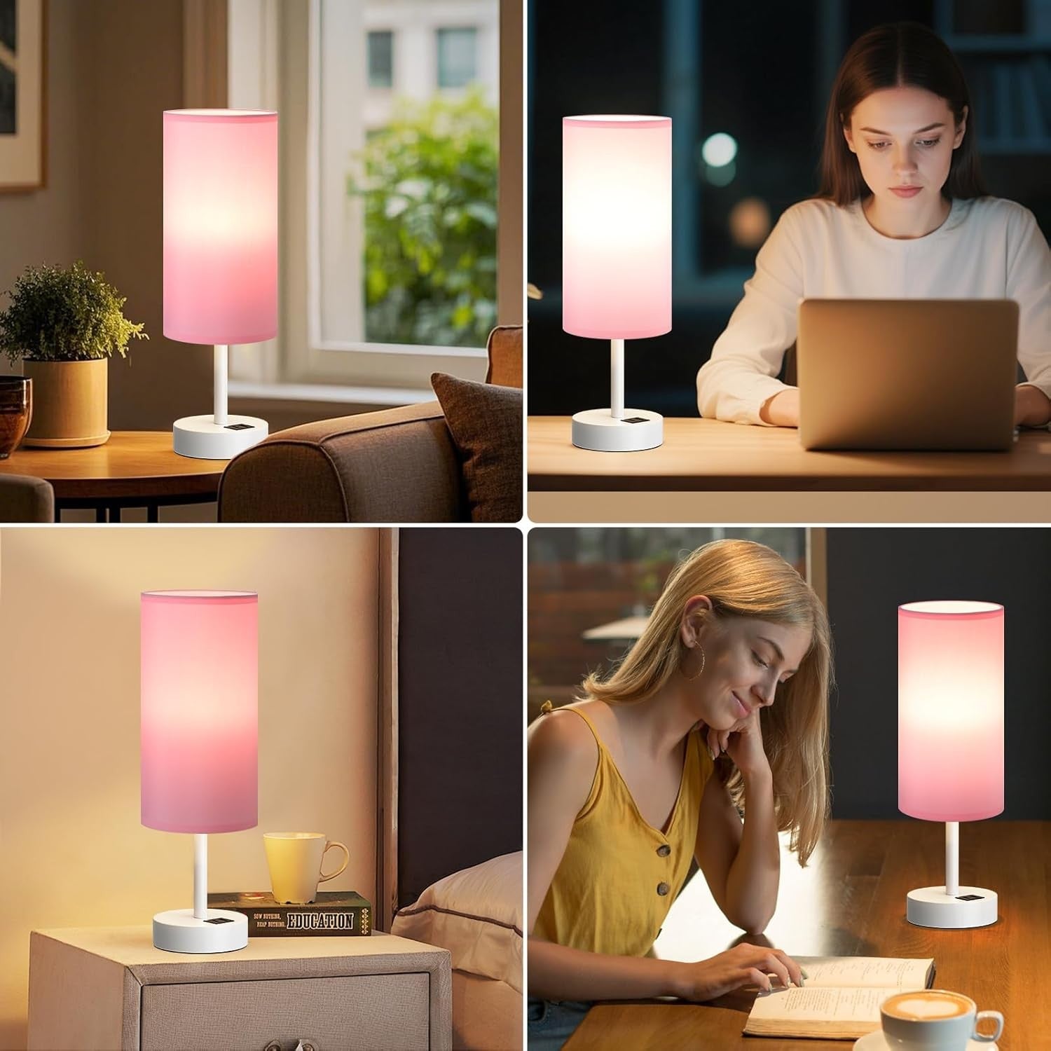 Touch Bedside Table Lamp Pink USB Charging Night Light E27 Modern