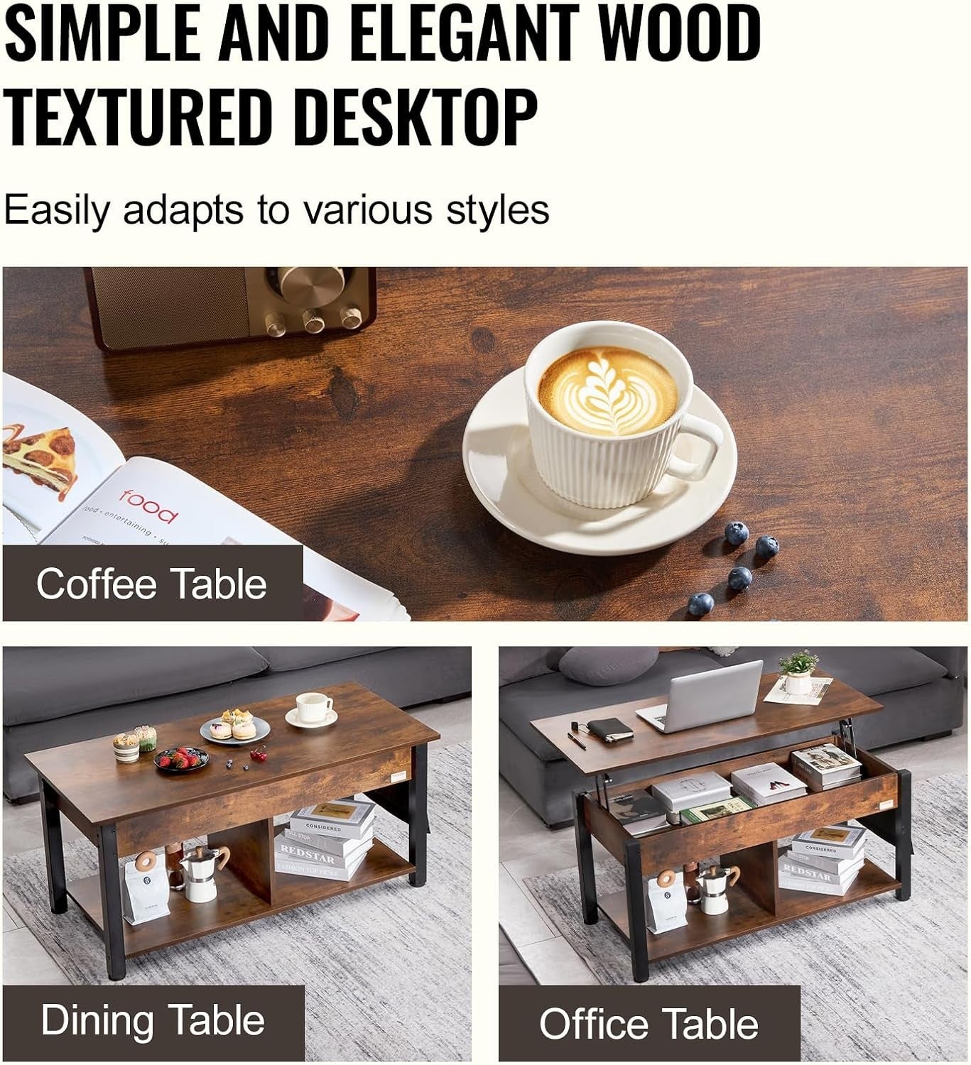 Lift Top Coffee Table with Storage, Adjustable Pop-Up Wood Table 106cm