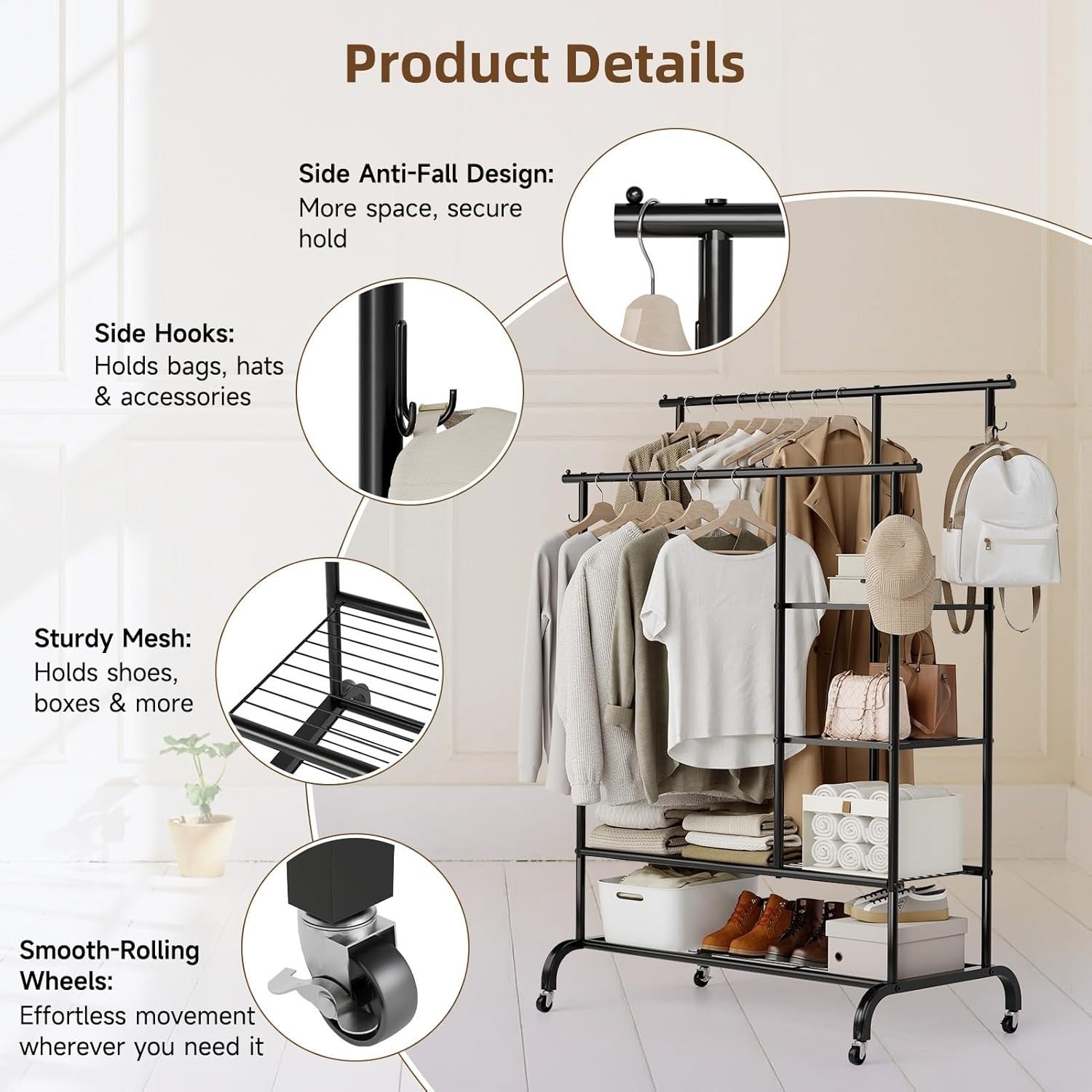 Heavy Duty Clothes Rail 6ft x 5ft Metal Garment Rack Black