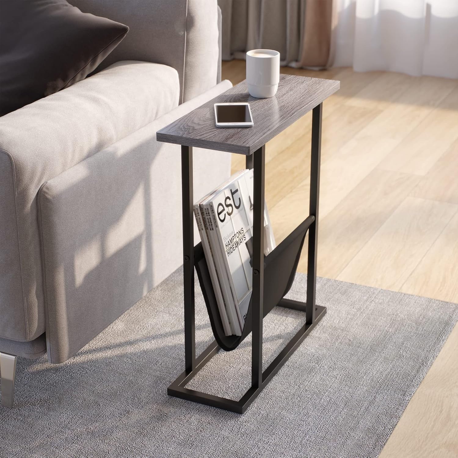 Slim Grey Side Table with Storage Bag – Narrow End Table for Sofa/Bed