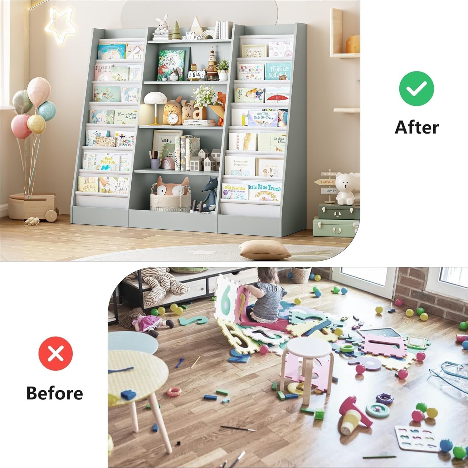 Kids Bookshelf Storage Unit with 14 Sling Fabric Shelves & 5 Toy Racks