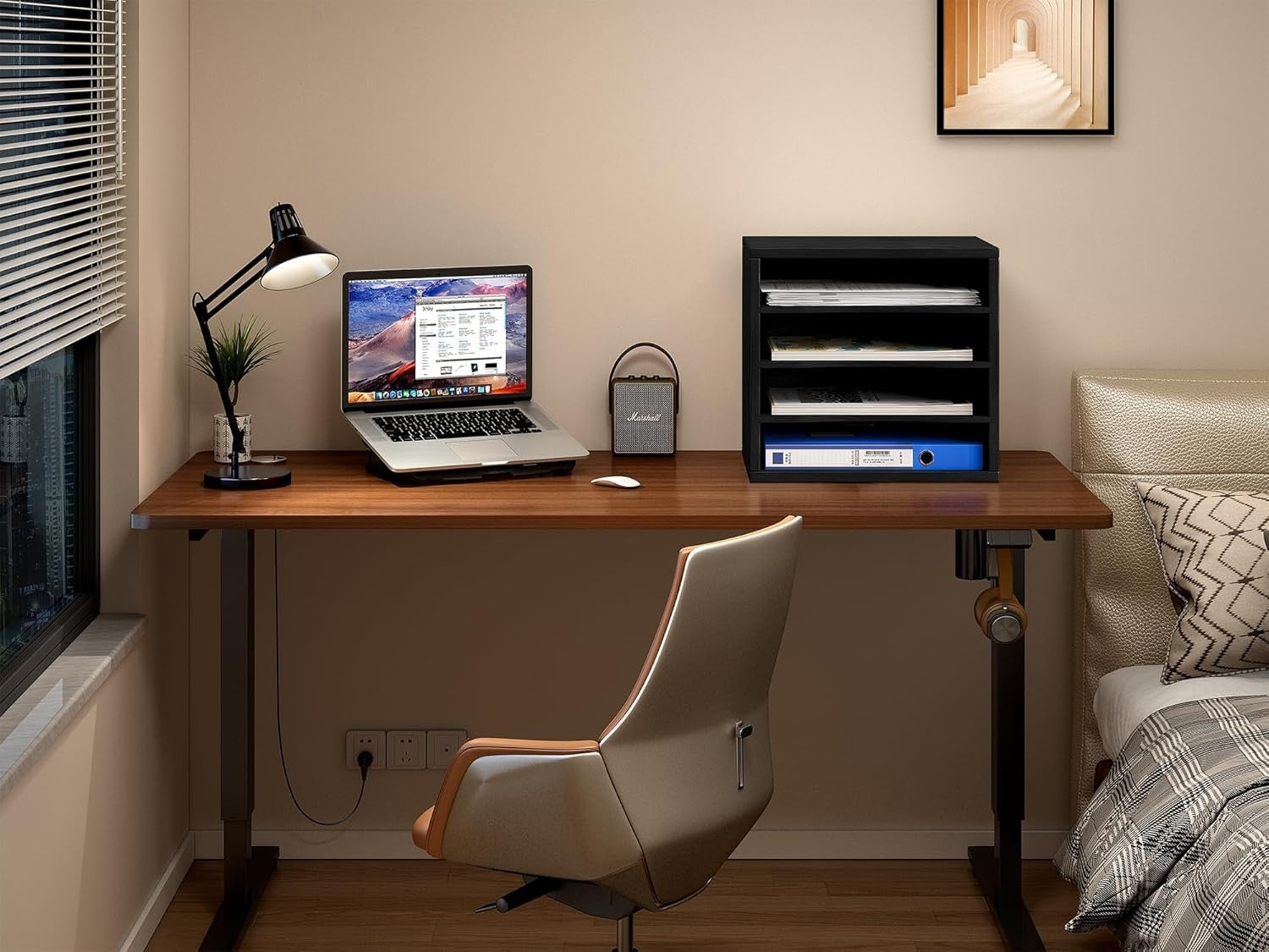 4 Tier A4 Desk File Organizer Wooden Paper Tray Office Magazine Rack Black