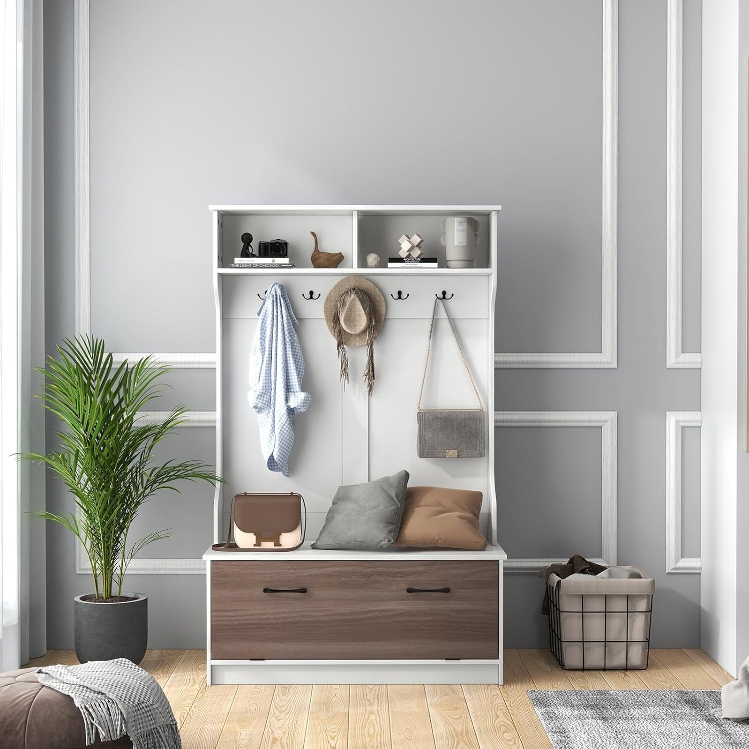 White Hall Tree Coat Rack with Shoe Storage Bench & Shelves for Entryway