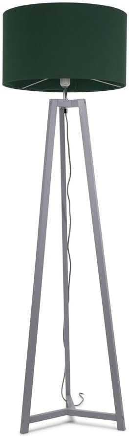 Grey Wooden Tripod Floor Lamp Forest Green Drum Shade LED Light
