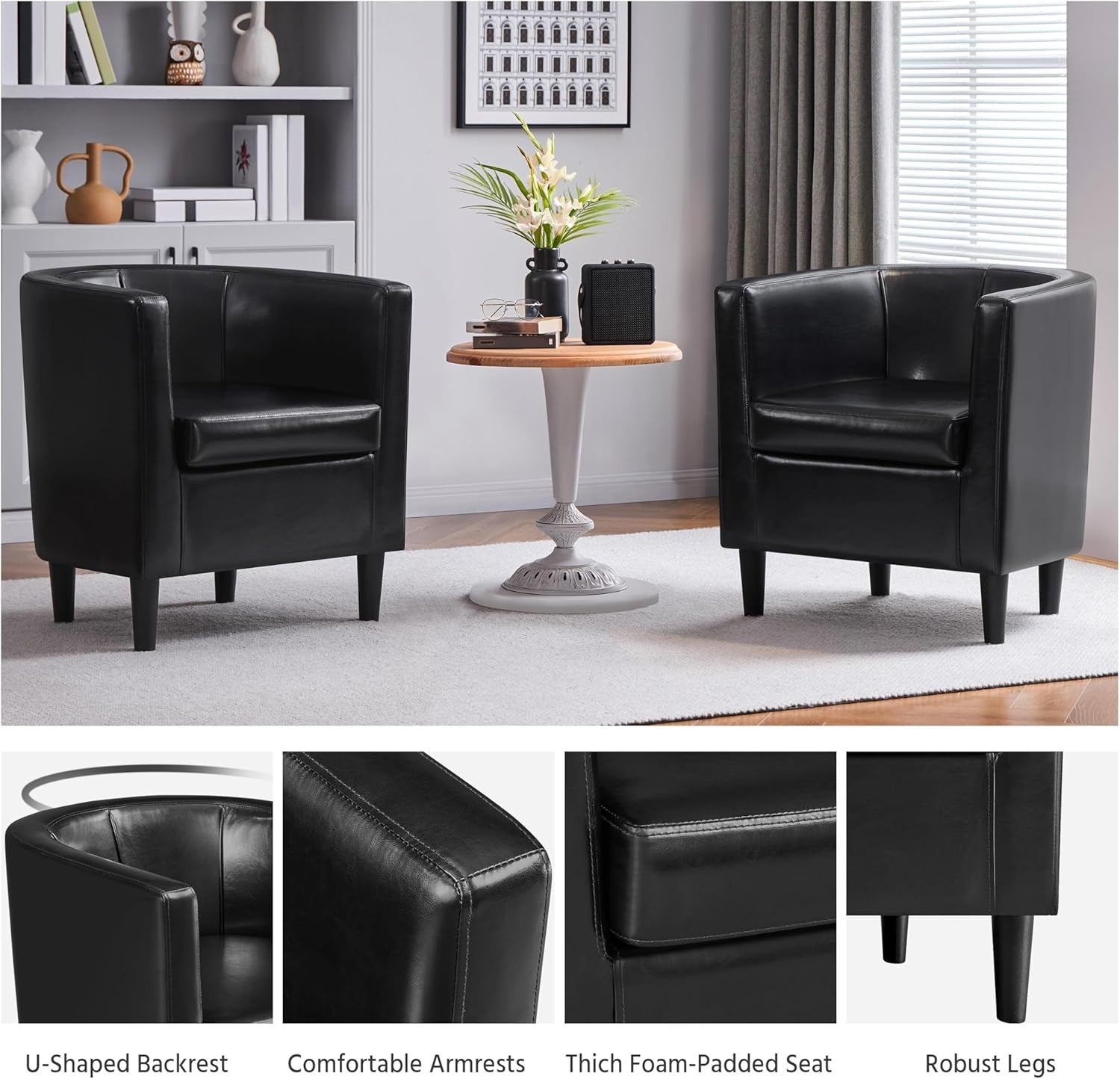 Black PU Leather Tub Chair Modern Accent Armchair