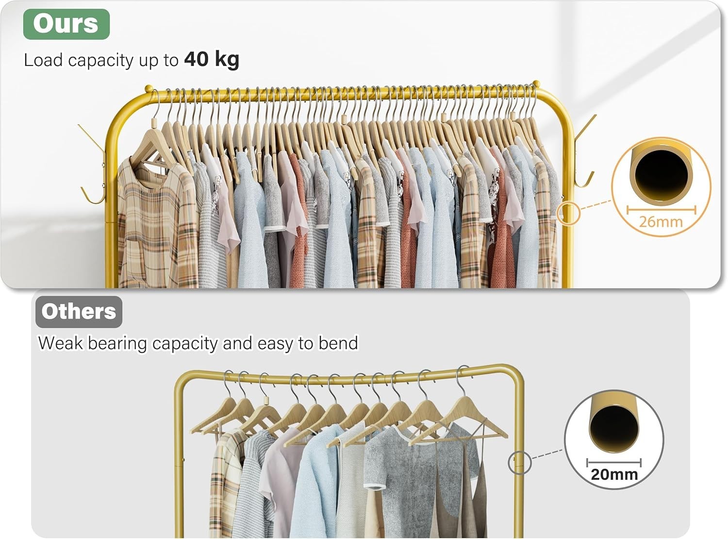 Portable Gold Clothes Rail 40KG Rack With Wheels Shelf & Hooks