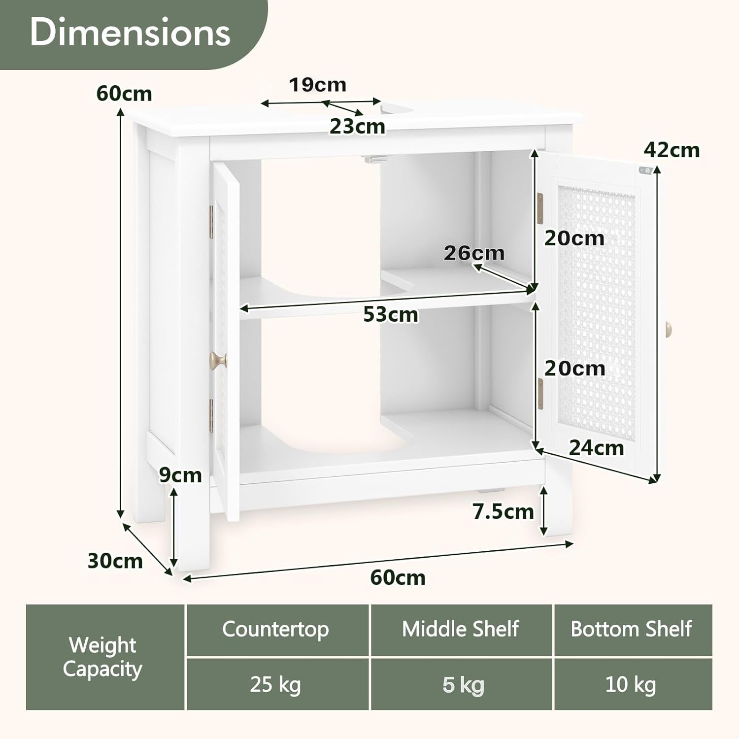 White Under Sink Bathroom Cabinet with Rattan Doors – Freestanding Storage Unit