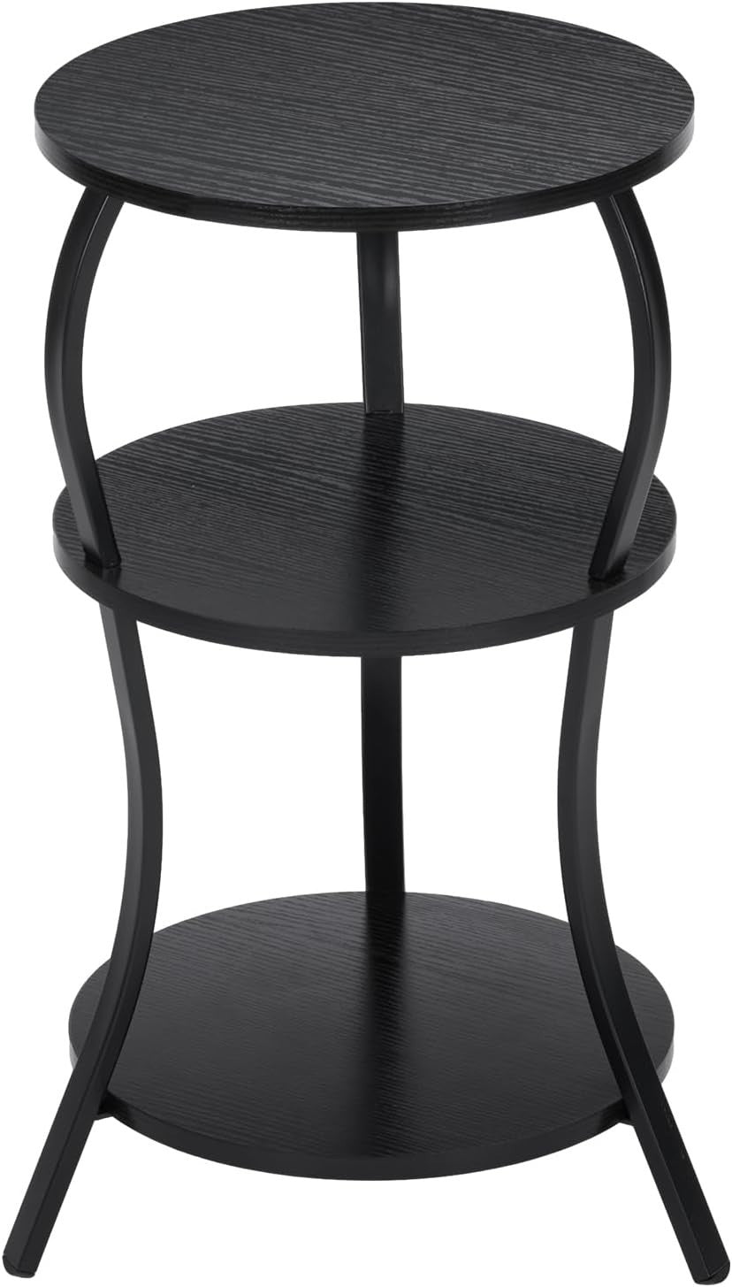 Black 3-Tier Round Side Table 30x30x55 cm | Slim End Table w/ Storage