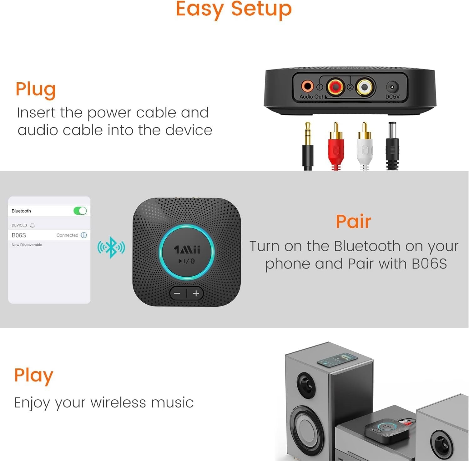 1Mii B06S Bluetooth 5.2 Receiver aptX HD Low Latency RCA AUX Volume Control