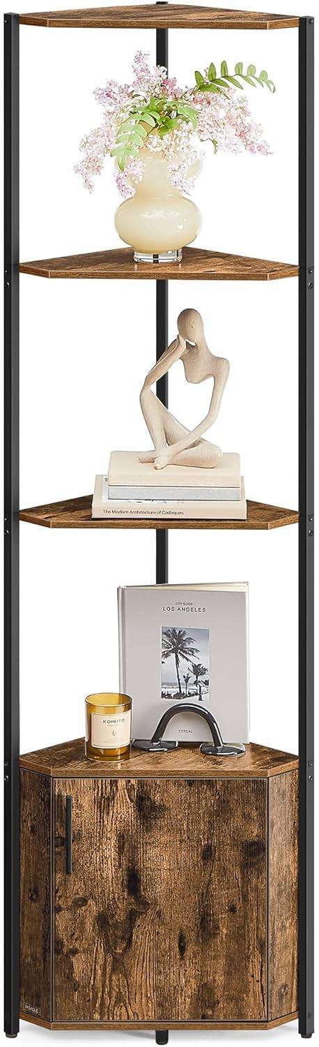 5-Tier Corner Shelf with Storage Cabinet Space-Saving Modern Display Unit Rustic