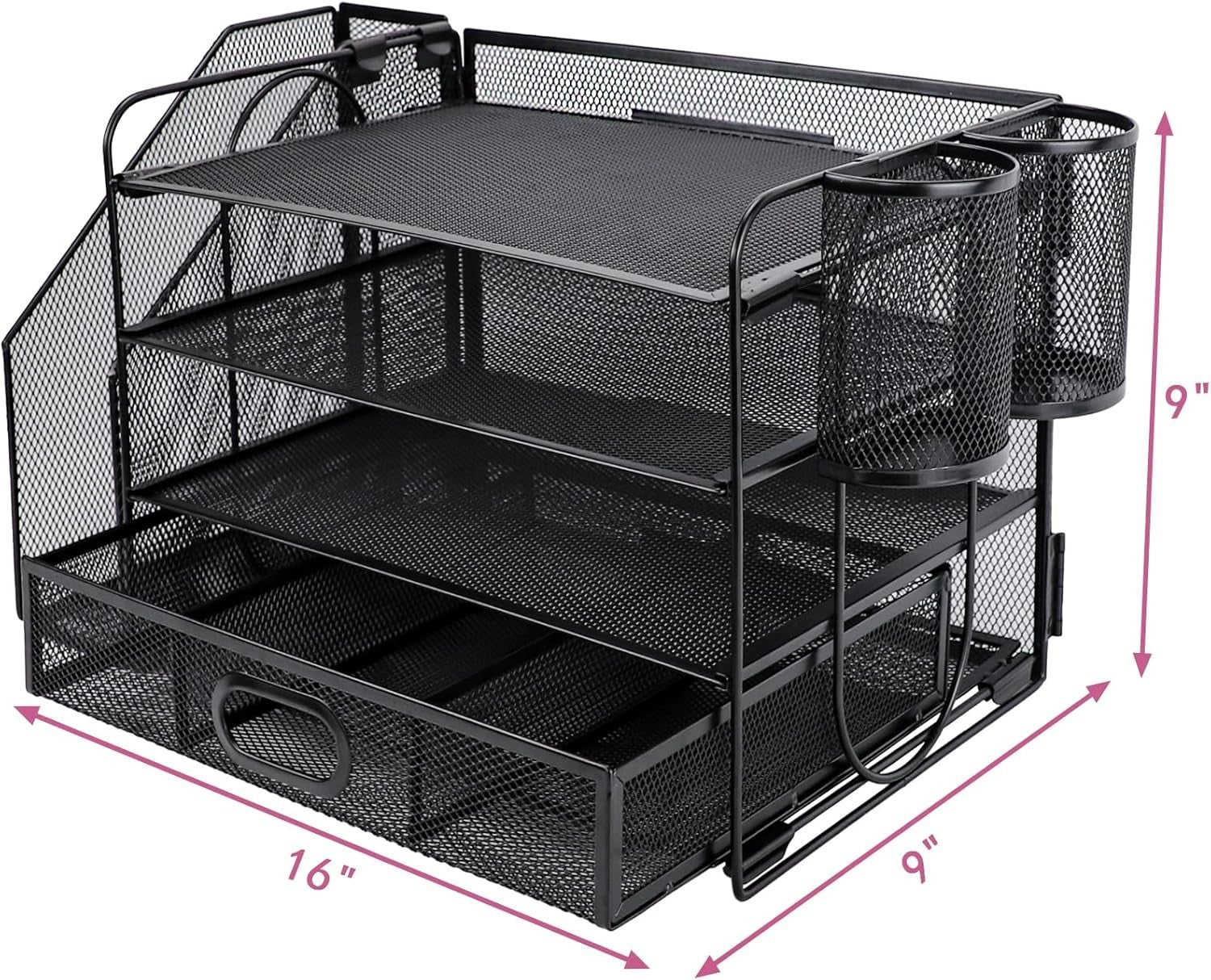 4-Tier Mesh Desk Organizer with Drawer & Pen Holders – Office File Tray