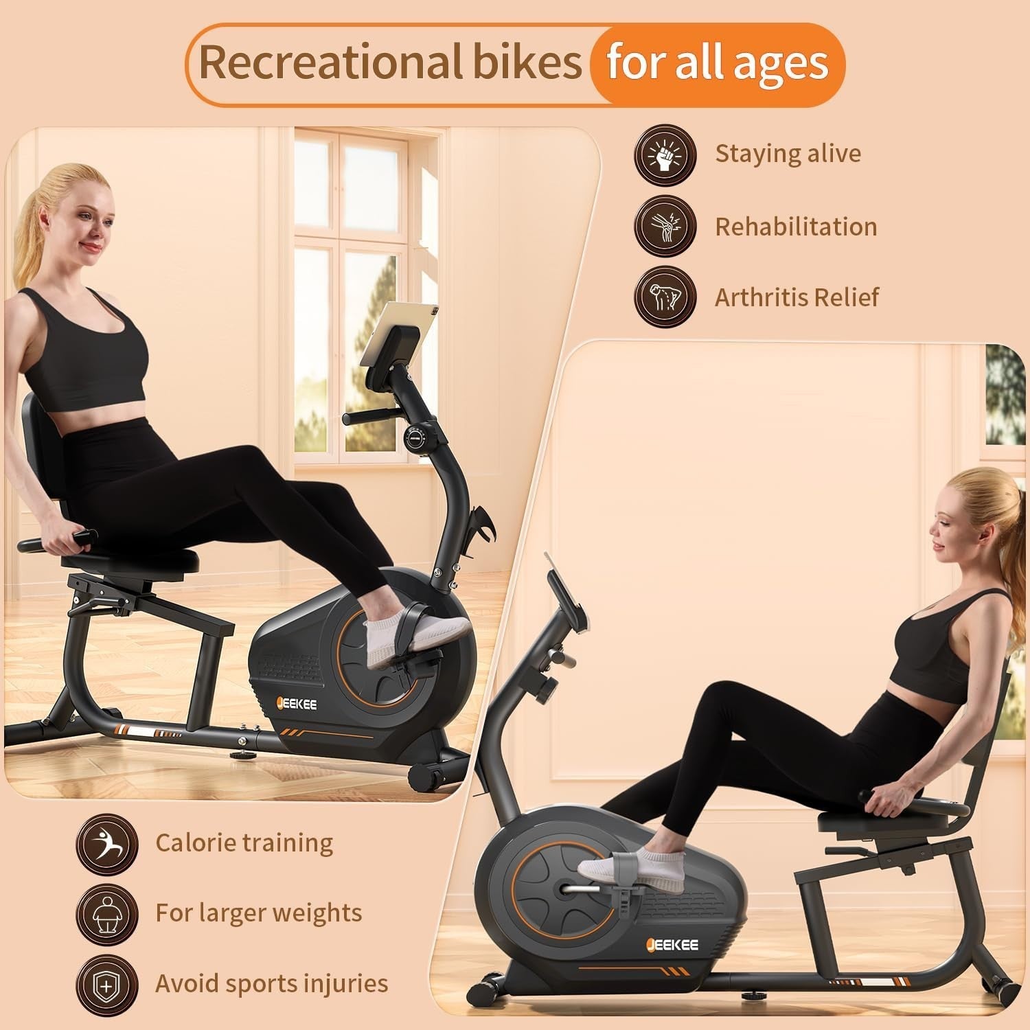 Recumbent Exercise Bike Magnetic 16-Level Heart Rate Adjustable Seat Home Senior