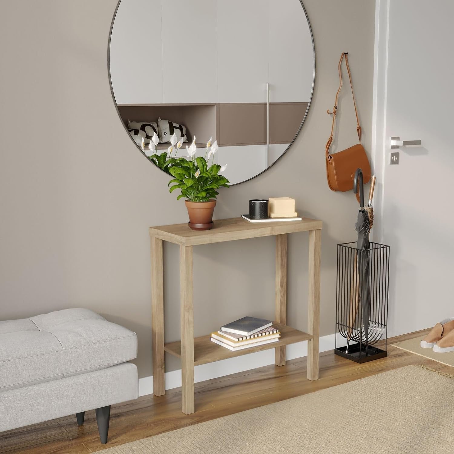 Slim 2-Tier Wooden Console Table with Storage Shelf for Hallway & Office