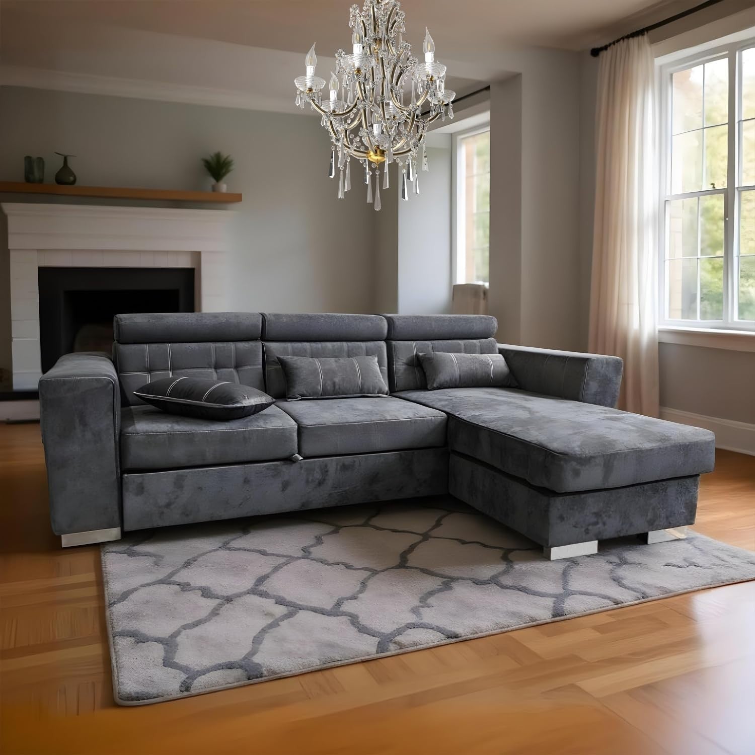 Grey Velvet L Shaped Sofa Bed w/ Storage Pull-Out 3 Seater Reversible