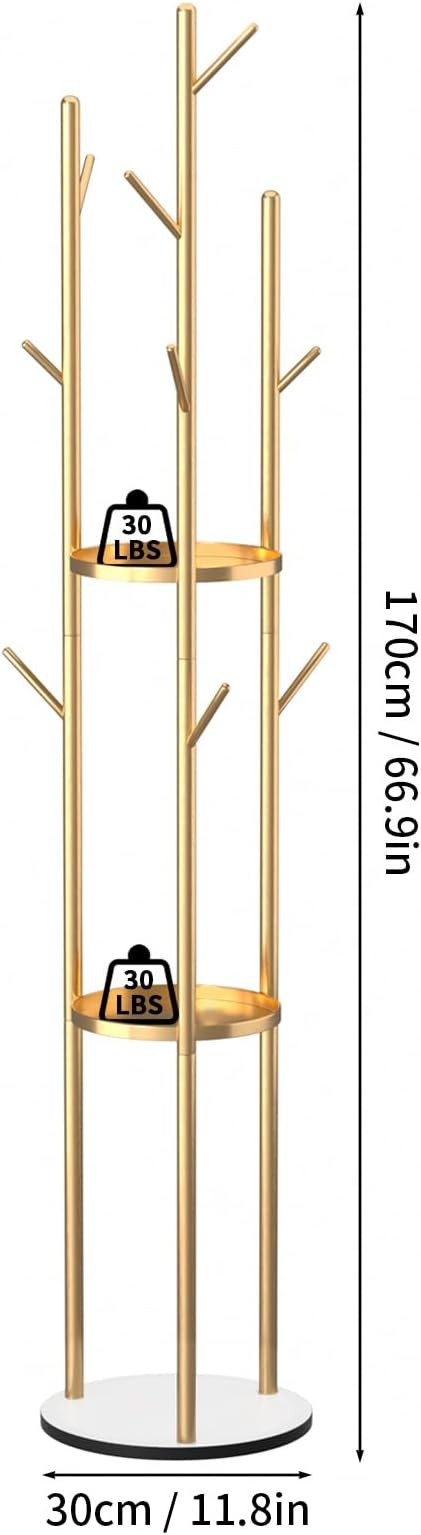 Luxury Gold Coat Rack Stand | Marble Base Hall Tree with 3 Shelves & Hooks