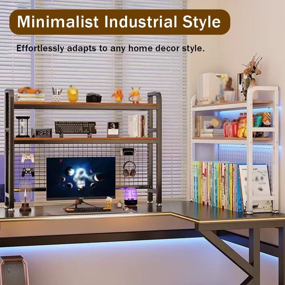 2-Tier Desktop Hutch Bookshelf Organizer w/ Grid Panel | Sturdy Wood & Metal