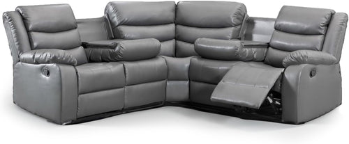 Grey Leather Recliner Corner Sofa 5 Seater L Shape Manual + Drinks Trays