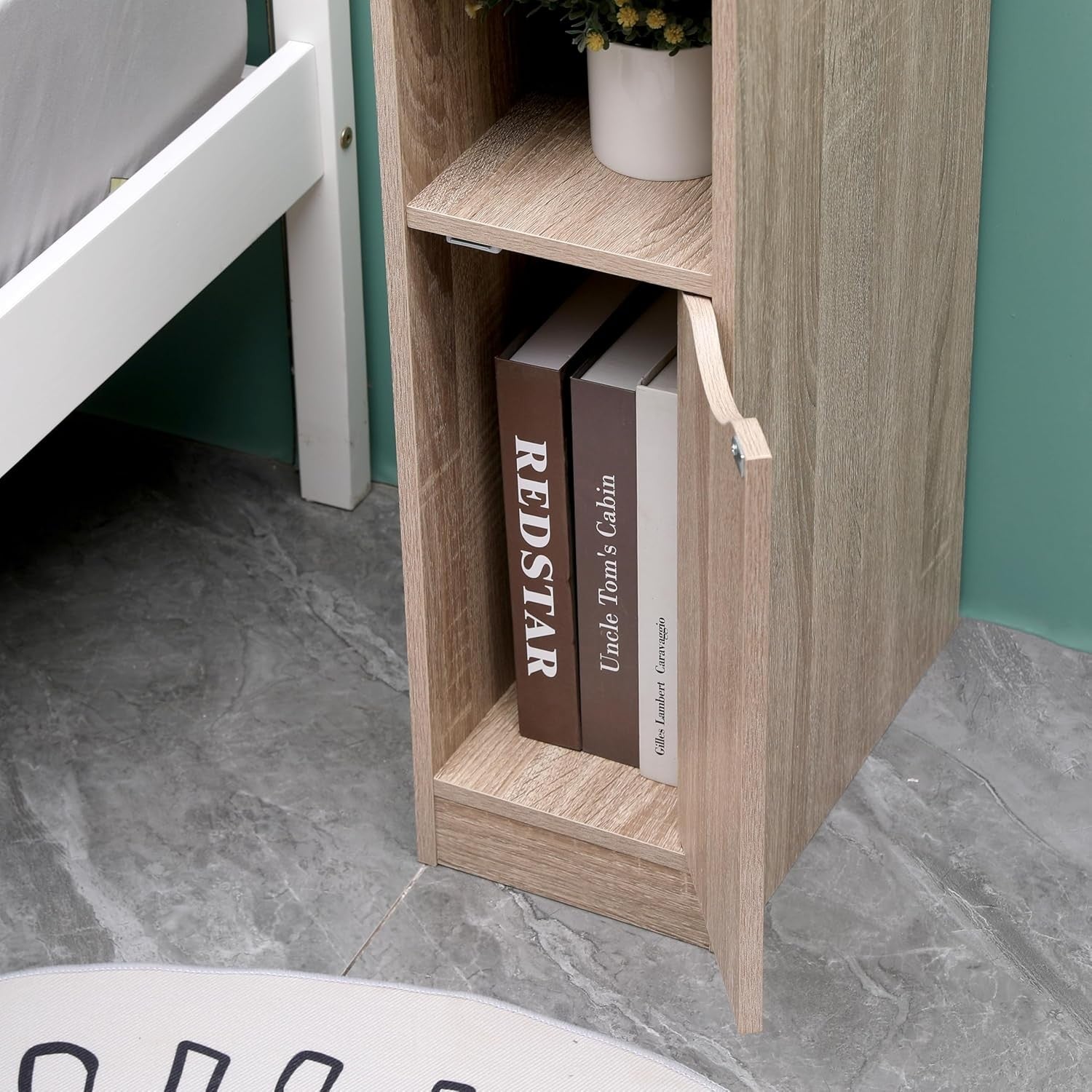 Slim Walnut Bedside Table with Drawer & Open Shelf, Narrow Nightstand Storage