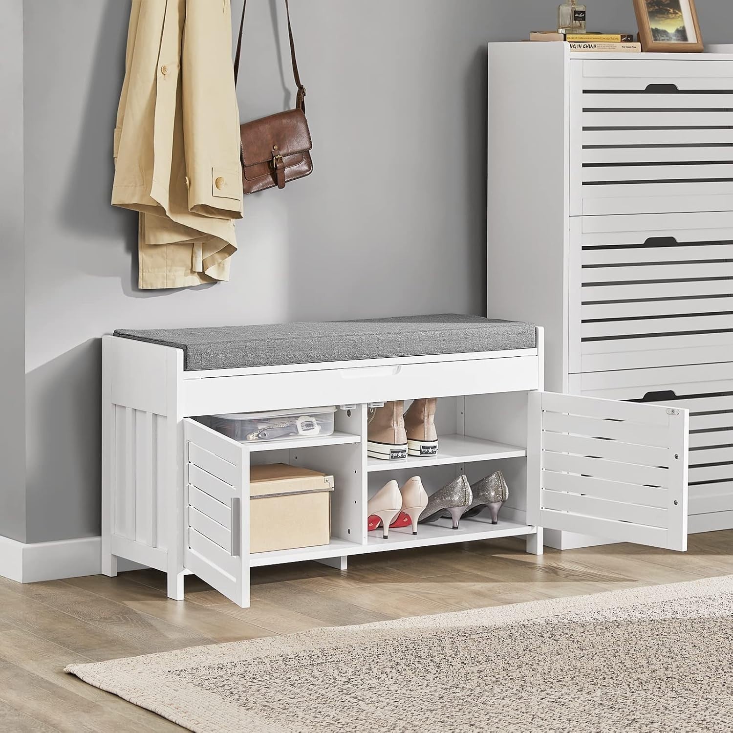 Shoe Storage Bench with Folding Padded Seat 2 Doors 90x33x50 cm White