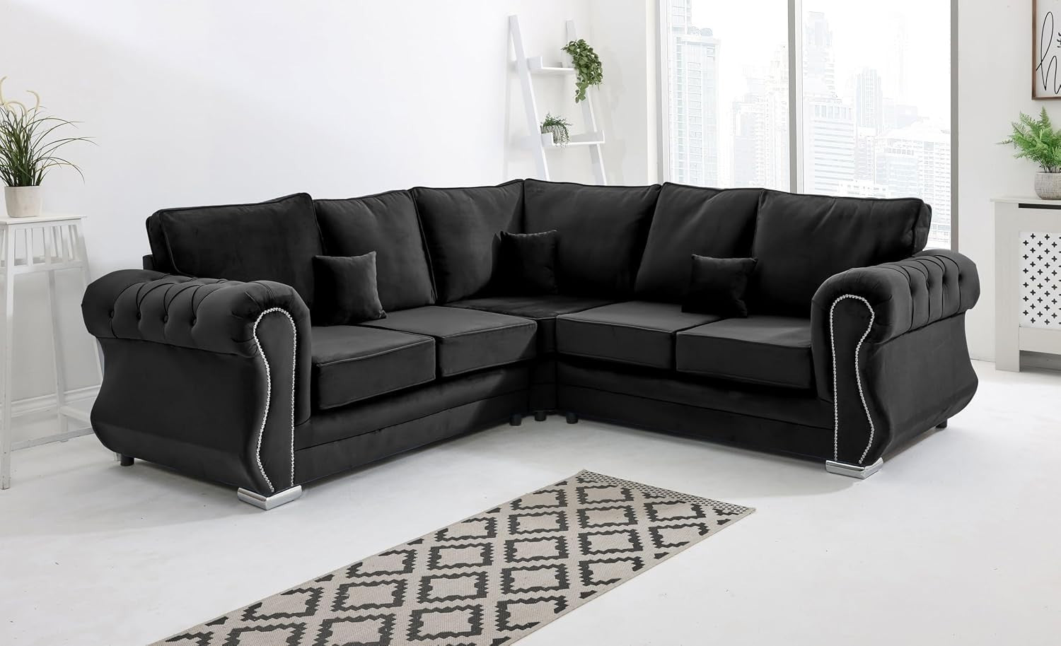 Black Plush Velvet Corner Sofa 5 Seater with Foam Cushions & Chrome Feet