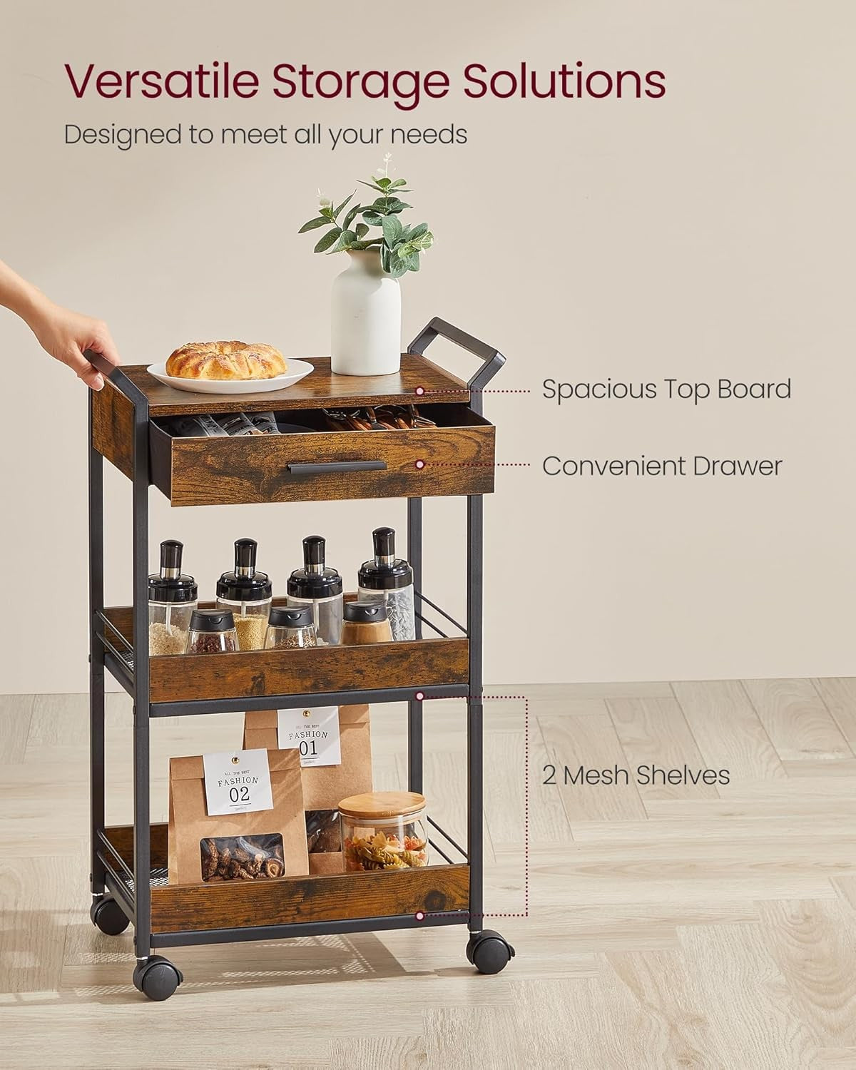 3 Tier Storage Trolley Rolling Cart with Drawer Table Top Mesh Shelves Wheels