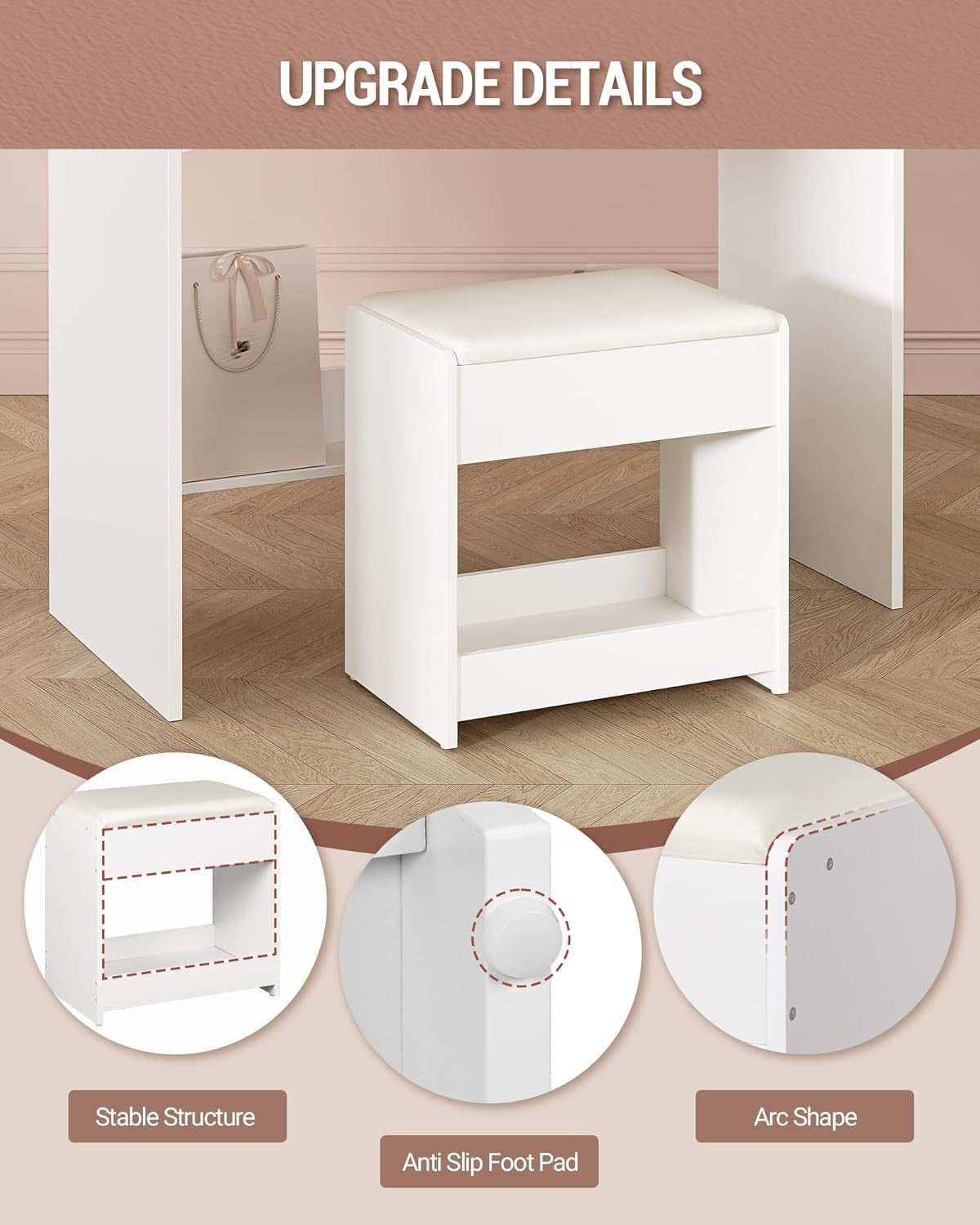 Dressing Table Vanity Desk with Mirror & 3-Color LED Light, Storage, White, Mode