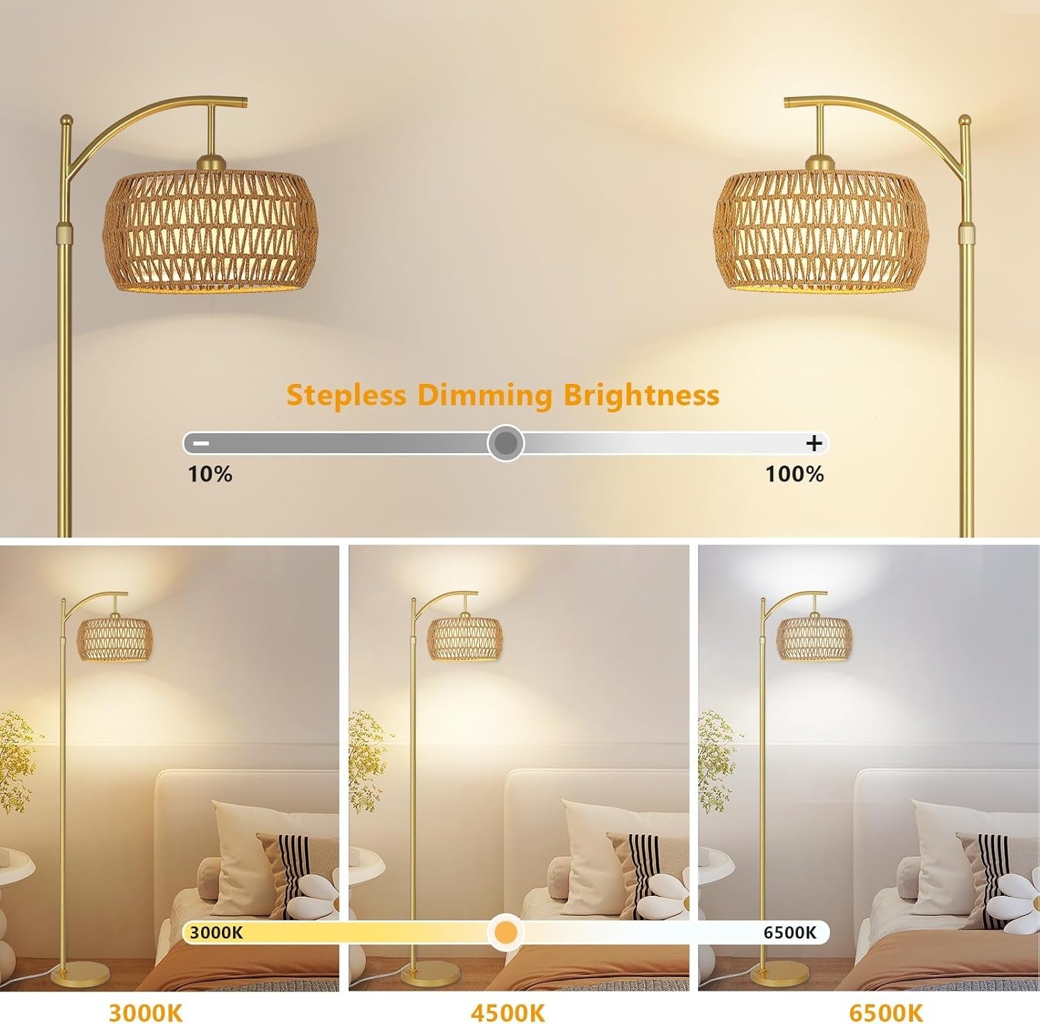 Rattan Floor Lamp Remote Control Dimmable LED Boho Gold Standing Light