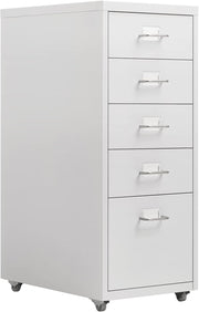 Slim White Metal Rolling Cabinet 5 Drawer Mobile File Storage