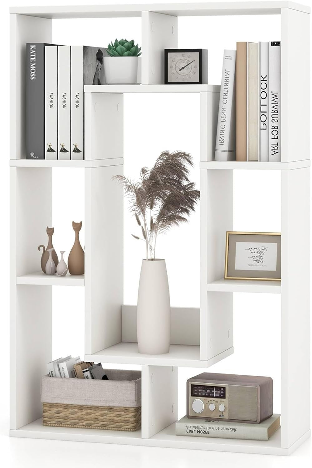 7-Cube White Geometric Bookcase Modern Room Divider Storage Display Shelf