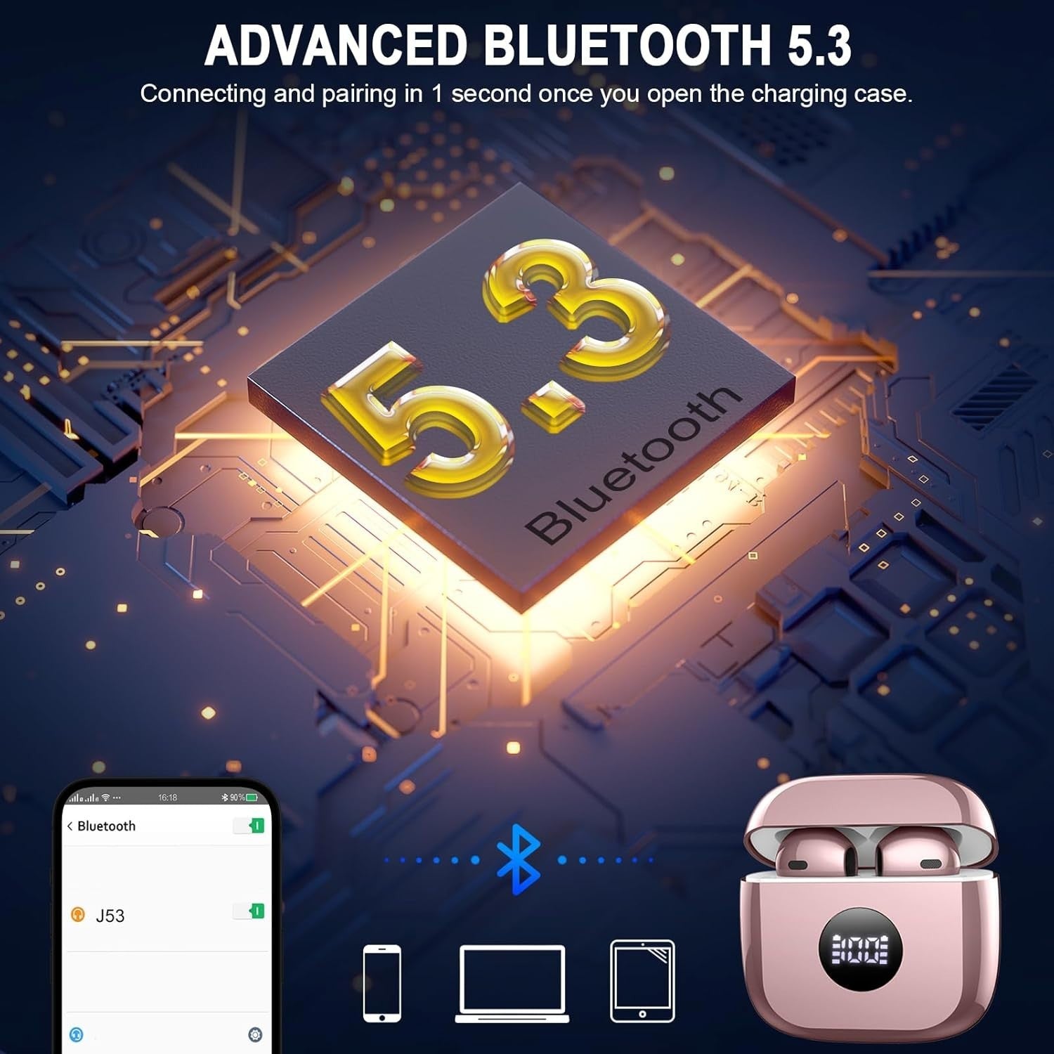 Bluetooth 5.4 Pink Gold Earbuds ENC Mic 40H Deep Bass LED Touch IP7
